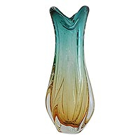 Art glass vase, 'Fascinating Wave' - Blue and Brown Art Glass Vase Crafted in Brazil