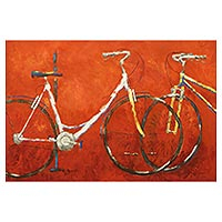 'Any Day, Any Time' (2018) - Signed Impressionist Painting of Bicycles on Orange (2018)