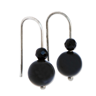 Agate beaded drop earrings, 'Dark Orbs' - Round Black Agate Beaded Drop Earrings from Brazil
