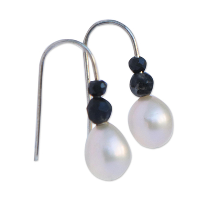 Cultured pearl and agate beaded drop earrings, 'White and Black' - Cultured Pearl and Black Agate Beaded Drop Earrings