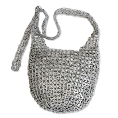 Soda pop-top bucket bag, 'Eco Silver' - Silver-Tone Recycled Aluminum Soda Pop-Top Bucket Bag