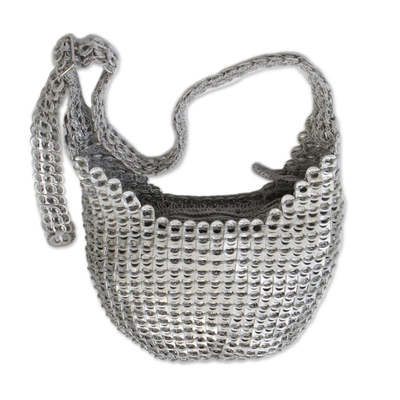 Soda pop-top bucket bag, 'Eco Silver' - Silver-Tone Recycled Aluminum Soda Pop-Top Bucket Bag