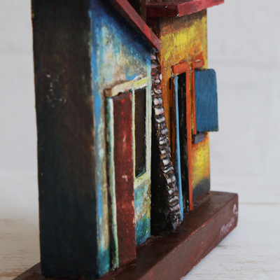 Recycled wood sculpture, 'Rio Lofts' - Colorful Recycled Wood Brazilian Favela Sculpture