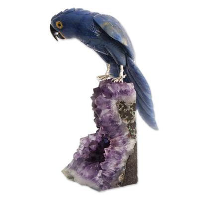 Quartz and amethyst gemstone sculpture, 'Blue Macaw' - Blue Quartz and Amethyst Gemstone Macaw Sculpture