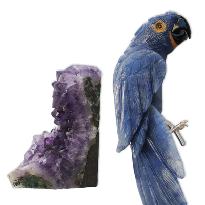 Escultura de piedras preciosas de cuarzo y amatista - Escultura de guacamayo de piedras preciosas de cuarzo azul y amatista