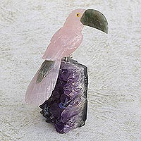 Rose quartz and amethyst gemstone figurine, 'Rosy Toucan'