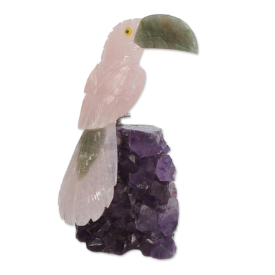 Rose quartz and amethyst gemstone figurine, 'Rosy Toucan' - Rose Quartz and Amethyst Toucan Gemstone Figurine