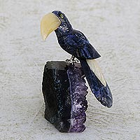 Sodalite and amethyst gemstone figurine, Blue Toucan
