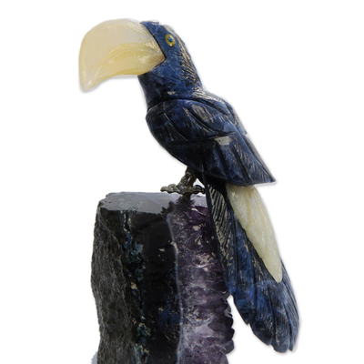 Sodalite and amethyst gemstone figurine, 'Blue Toucan' - Sodalite and Amethyst Gemstone Figurine from Brazil