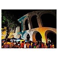 Canvas print, 'Night in Lapa' - Expressionist Canvas Print of an Aqueduct from Brazil