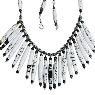 Recycled paper and hematite waterfall necklace, 'Clear Memories' - White Recycled Paper and Hematite Waterfall Necklace
