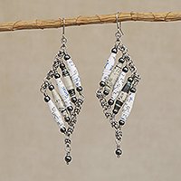 Recycled paper and hematite dangle earrings, 'Tribal Links in White' - Recycled Paper and Hematite Dangle Earrings in White