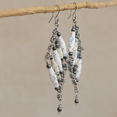 Recycled paper and hematite dangle earrings, 'Tribal Links in White' - Recycled Paper and Hematite Dangle Earrings in White