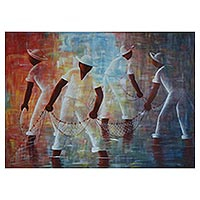 'Net Fishing' - Signed Expressionist Painting of Four Fishermen from Brazil