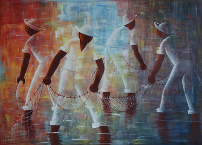 'Net Fishing' - Signed Expressionist Painting of Four Fishermen from Brazil