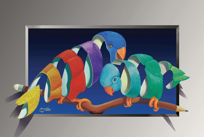 Print, 'Parakeets' - Colorful Surrealist Print of Two Parakeets from Brazil