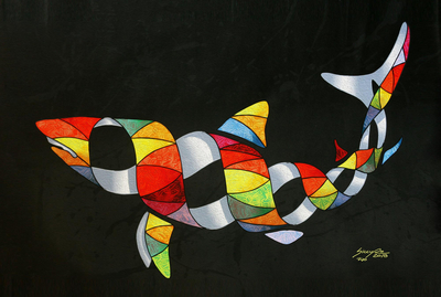 Canvas print, 'Colorful Shark' - Colorful Surrealist Shark-Themed Print from Brazil