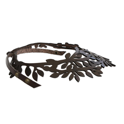 Leather collar necklace, 'Brazilian Foliage in Espresso' - Leaf Motif Leather Collar Necklace in Espresso from Brazil