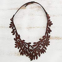 Leaf Motif Leather Collar Necklace in Chestnut from Brazil,'Brazilian Foliage in Chestnut'