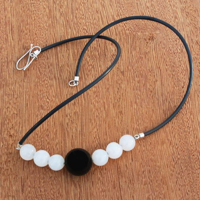 Agate beaded pendant necklace, 'Black and White Baubles' - Black and White Agate Beaded Pendant Necklace from Brazil