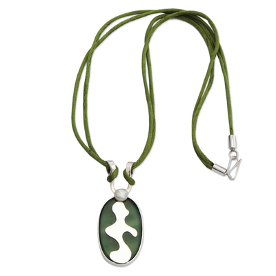 Agate and cultured pearl pendant necklace, 'Verdant Modernity' - Modern Green Agate and Cultured Pearl Pendant Necklace