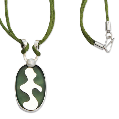Agate and cultured pearl pendant necklace, 'Verdant Modernity' - Modern Green Agate and Cultured Pearl Pendant Necklace