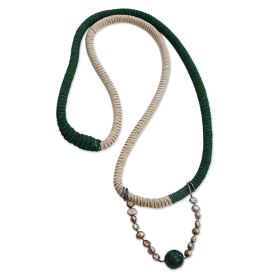 Agate and cultured pearl pendant necklace, 'Green and Gold' - Green Agate and Gold Cultured Pearl Pendant Necklace