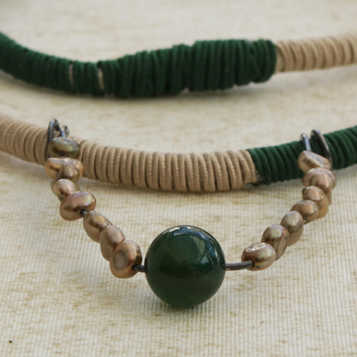 Agate and cultured pearl pendant necklace, 'Green and Gold' - Green Agate and Gold Cultured Pearl Pendant Necklace