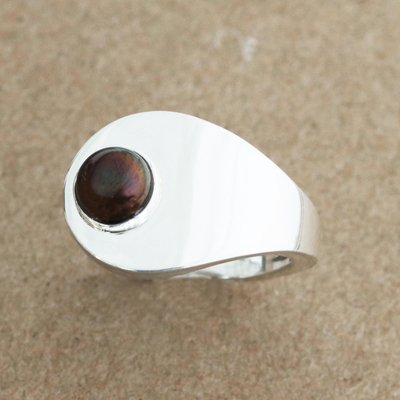 Cultured pearl cocktail ring, 'Exotic Tadpole' - Modern Brown Cultured Pearl Cocktail Ring from Brazil
