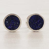 Lapis lazuli stud earrings, 'Modern Glitter' - Circular Lapis Lazuli Stud Earrings from Brazil