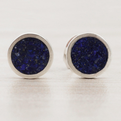 Lapis lazuli stud earrings, 'Modern Glitter' - Circular Lapis Lazuli Stud Earrings from Brazil