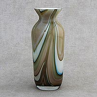 Art glass vase, 'Brown Waves' - Handblown Art Glass Vase in Brown from Brazil