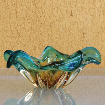 Art glass bowl, 'Artistic Splash' - Blue and Yellow Art Glass Decorative Bowl from Brazil
