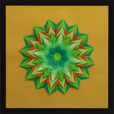 Wandkunst aus Papier - Sternenklare Papier-Mandala-Wandkunst in Grün aus Brasilien