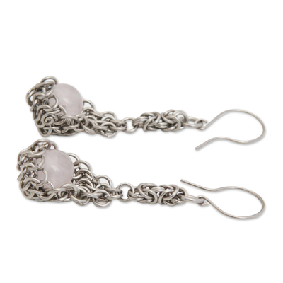 Rose quartz dangle earrings, 'Gemstone Cradle' - Rose Quartz and Stainless Steel Dangle Earrings from Brazil