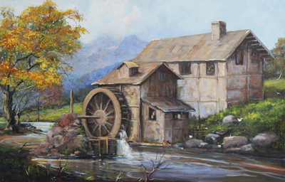 'The Watermill' - Signed Impressionist Painting of a Watermill from Brazil