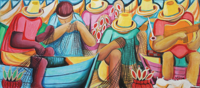 „Musikalisches Angeln“. - Signierte expressionistische musikalische Fischerszene aus Brasilien
