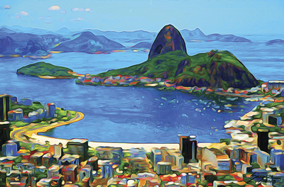 Giclée-Druck auf Leinwand - Impressionistischer Druck von Sugarloaf Hill in Blau aus Brasilien