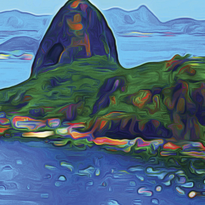 Giclee print on canvas, 'Sugarloaf Hill at Dawn' - Sugarloaf Hill Impressionist Print in Blue from Brazil