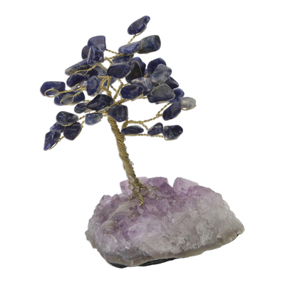 Sodalite gemstone tree, 'Blue Leaves' - Sodalite Gemstone Tree with an Amethyst Base from Brazil