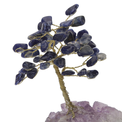 Sodalite gemstone tree, 'Blue Leaves' - Sodalite Gemstone Tree with an Amethyst Base from Brazil