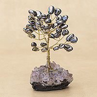 Hematite gemstone tree, 'Gleaming Leaves' - Hematite Gemstone Tree with an Amethyst Base from Brazil