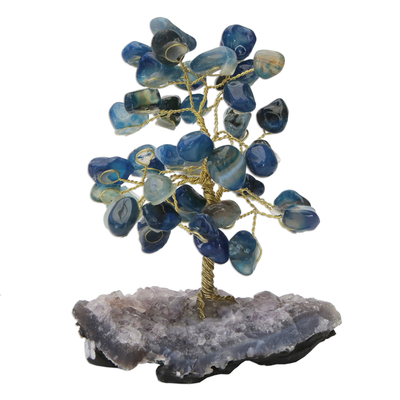 Blue Agate Gemstone Tree with an Amethyst Base from Brazil