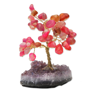 Pink Agate Gemstone Tree with an Amethyst Base from Brazil