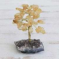 Citrine gemstone tree, 'Sunny Leaves' - Citrine Gemstone Tree with an Amethyst Base from Brazil