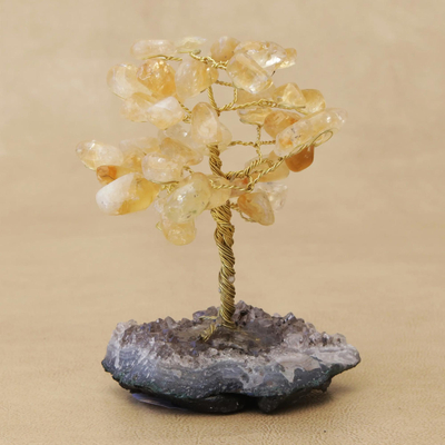 Citrine gemstone tree, 'Sunny Citrine' - Citrine Gemstone Tree with an Amethyst Base from Brazil