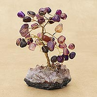 Árbol de piedras preciosas de ágata, 'Hojas místicas' - Árbol de piedras preciosas de ágata con una base de amatista de Brasil
