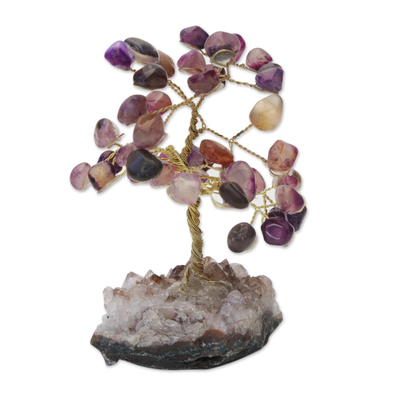 Achat-Edelsteinbaum, „Mystische Blätter“. - Achat-Edelsteinbaum auf Amethystbasis aus Brasilien
