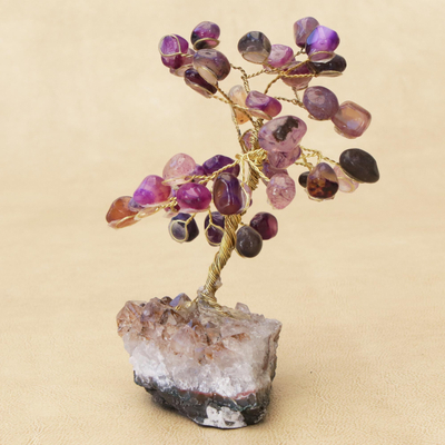 Árbol de piedras preciosas de ágata, 'Hojas místicas' - Árbol de piedras preciosas de ágata con base de amatista de Brasil