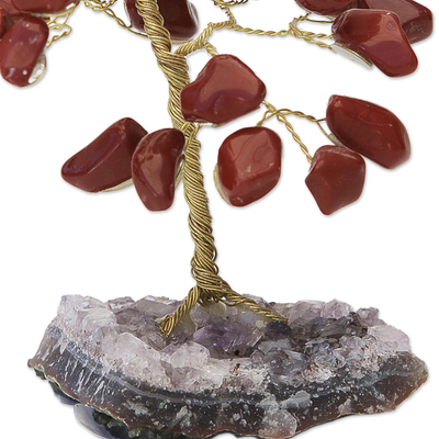 Jasper gemstone tree, 'Fiery Leaves' - Jasper Gemstone Tree with an Amethyst Base from Brazil